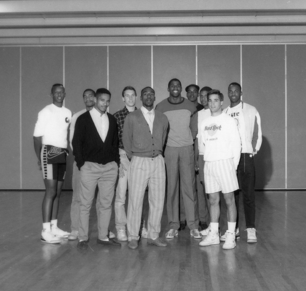 Michigan State University and Los Angeles Lakers basketball star Ervin "Magic" Johnson visits the Toro basketball team in December 1988. Johnson also spoke in the University Theatre