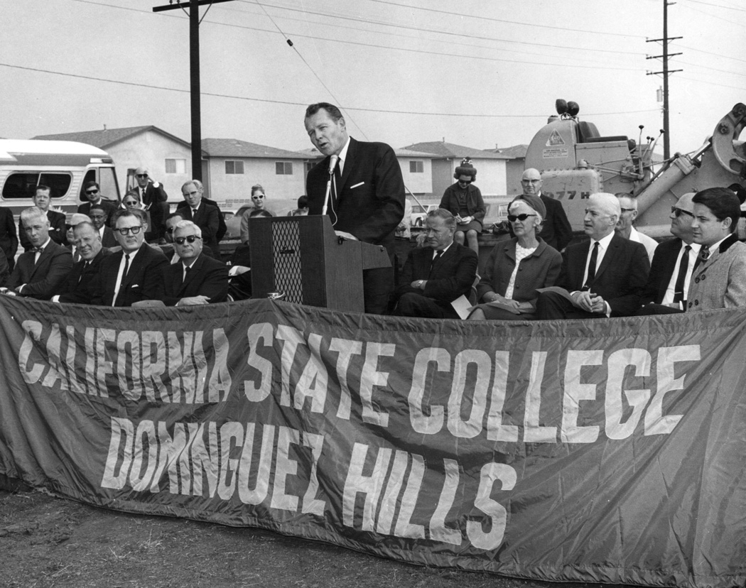President Leo Cain and Lt. Gov. Robert Finch broke ground for the permanent campus with the help of a bulldozer on Dec. 5, 1967