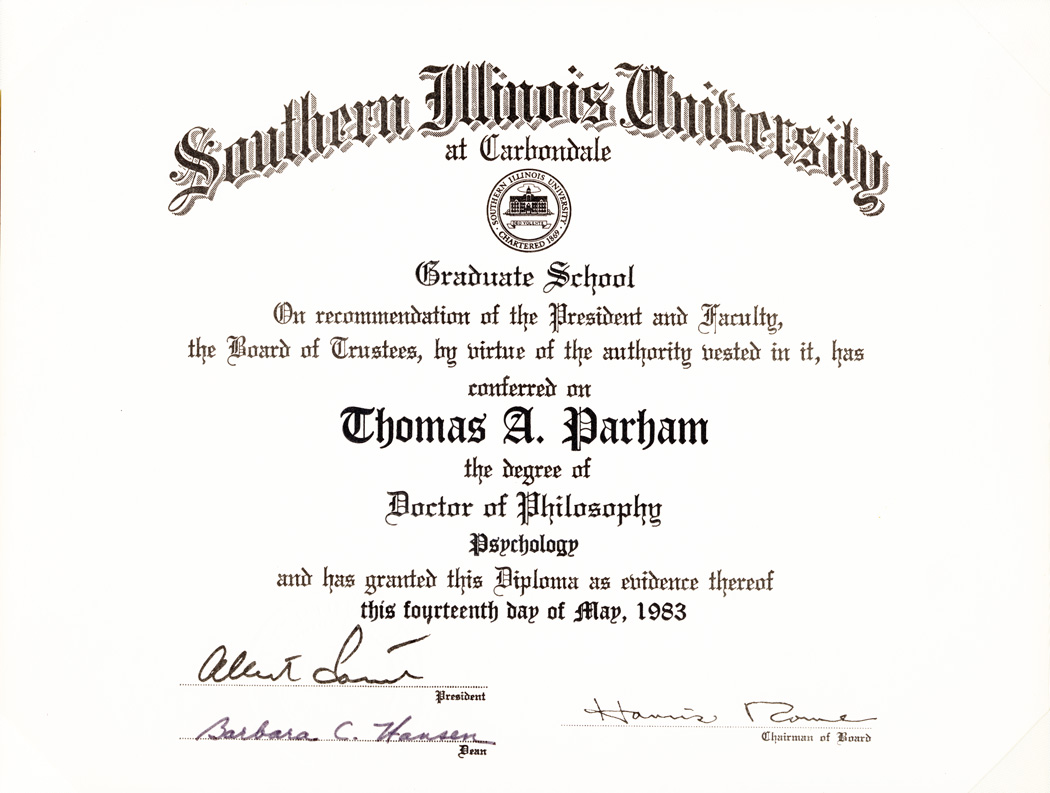 PH.d diploma of Dr. Thomas A. Parham  from Southern Illinios University